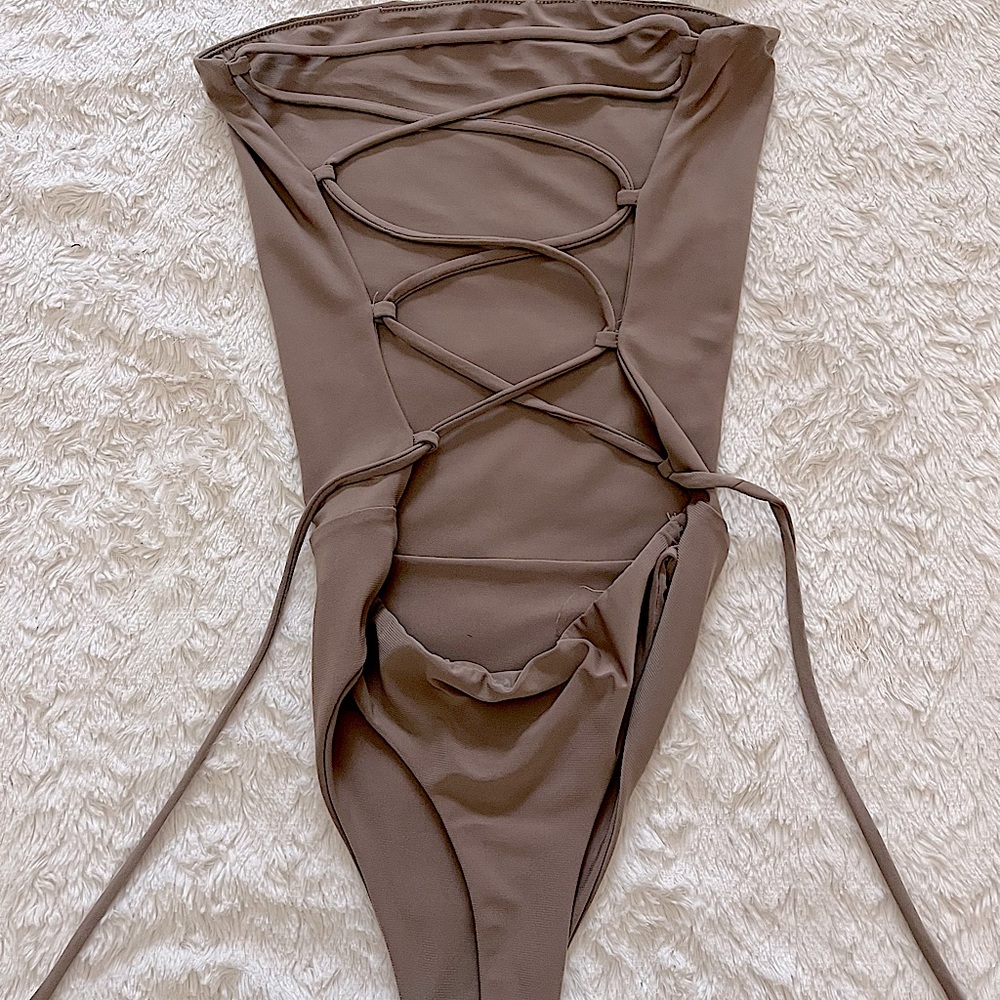 Strapless, open back bodysuit